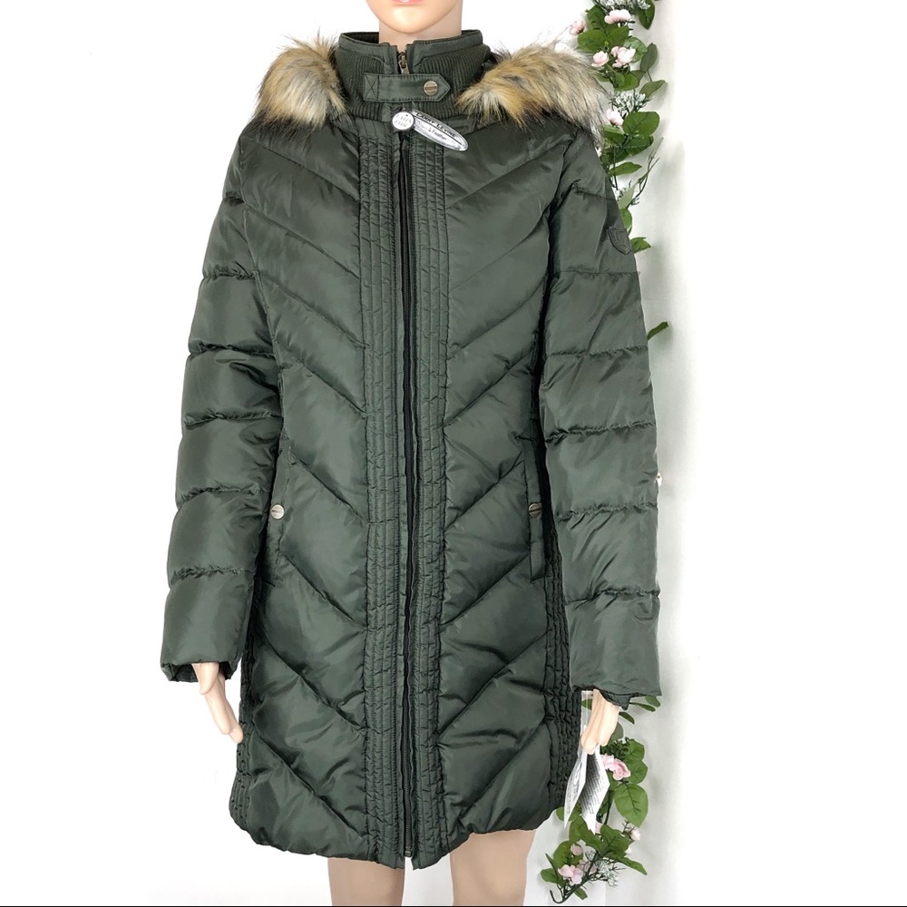 Larry Levine Quilted Down Faux Fur Hood Coat  XL
